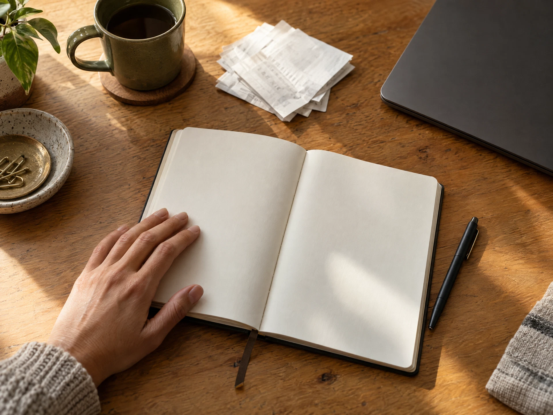 A notebook and everyday paperwork prepared on a table